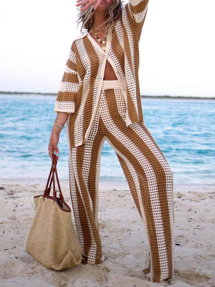 DARIN - Hollow Out Striped Shirt Wide Leg Pants Set