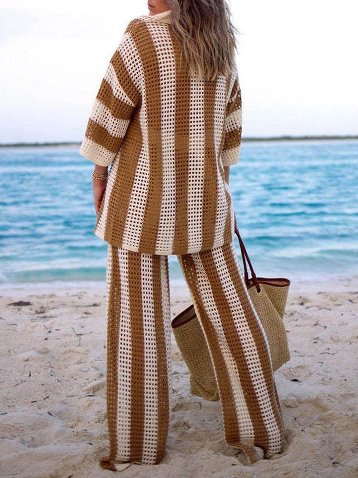 DARIN - Hollow Out Striped Shirt Wide Leg Pants Set