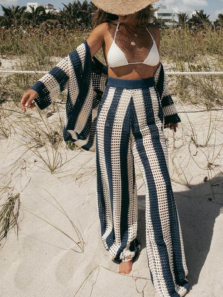 DARIN - Hollow Out Striped Shirt Wide Leg Pants Set