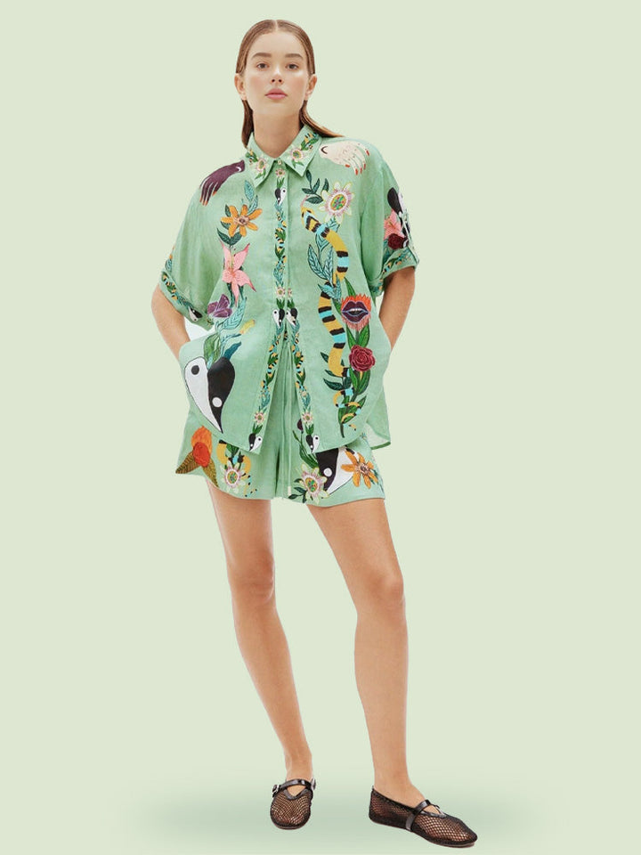 Stella -  Ethnic Print Loose Shirt And Shorts Set