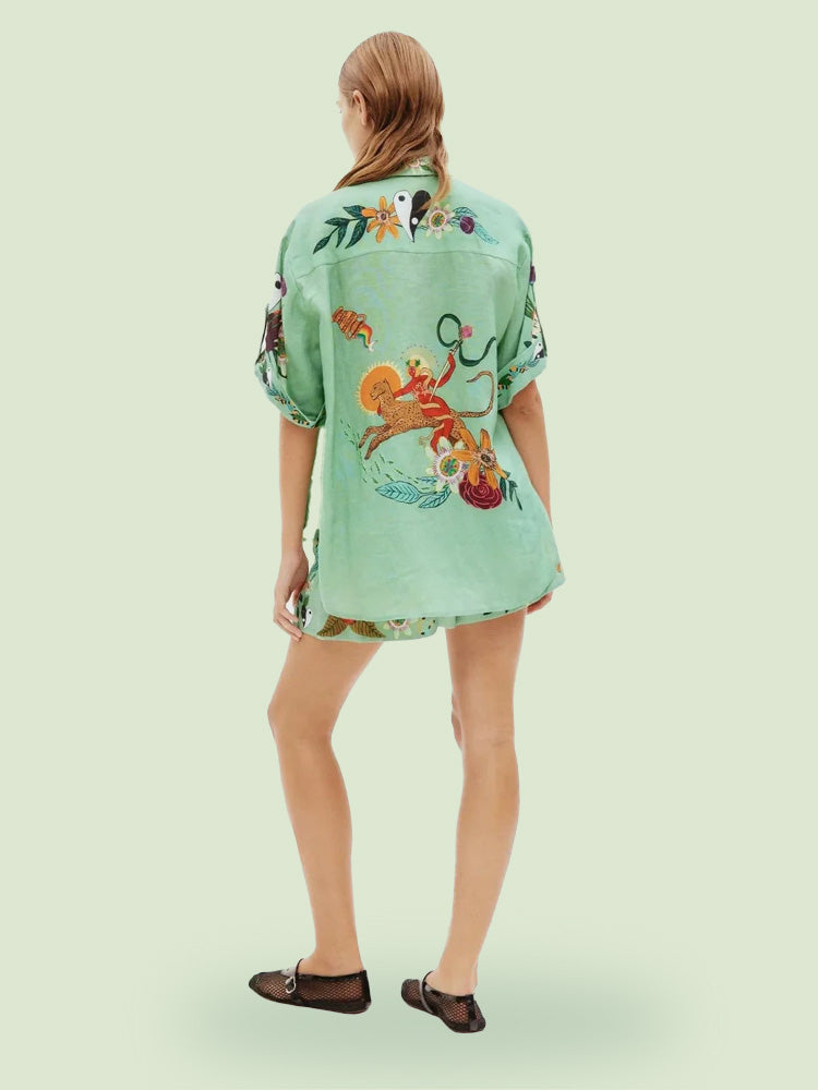 Stella -  Ethnic Print Loose Shirt And Shorts Set