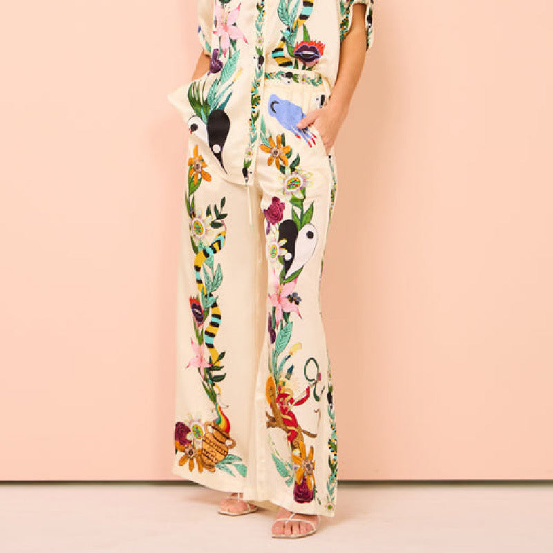 OTTANIA - Boho Natureza Printed Satin Shirt & Pants Set