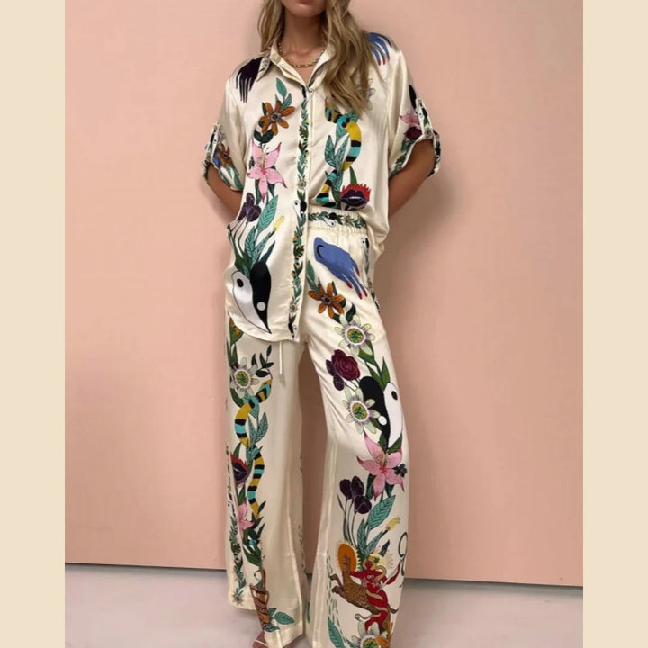 OTTANIA - Boho Natureza Printed Satin Shirt & Pants Set