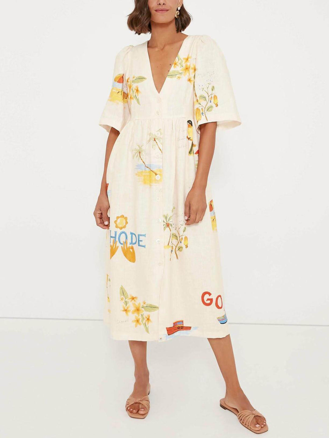 MANISSA - Holiday Folk Floral Print Sleeve Midi Dress