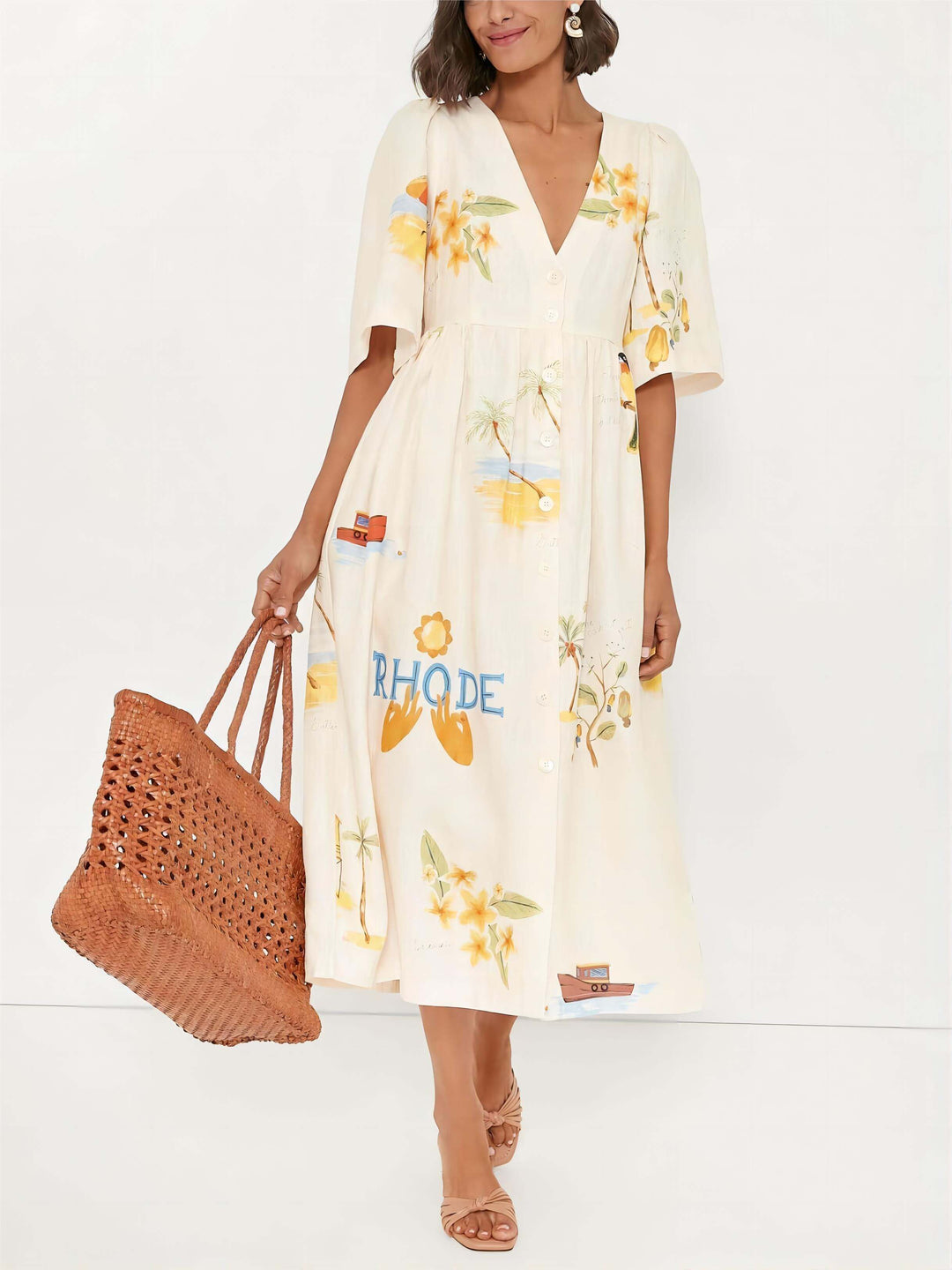 MANISSA - Holiday Folk Floral Print Sleeve Midi Dress